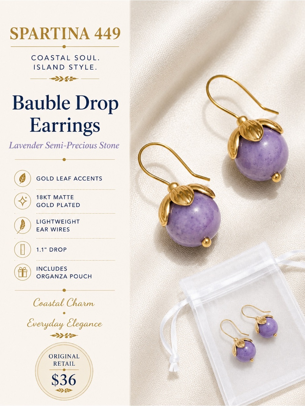 Spartina 449 Gold-Accented Lavender Bauble Drop Earrings